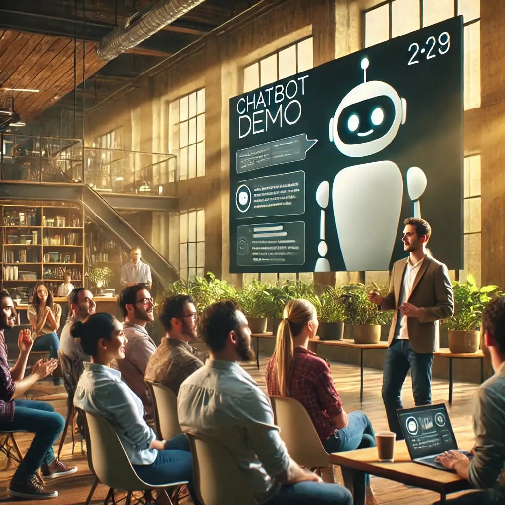 Illustration of a speaker presenting a chatbot demo on a large screen to a seated audience