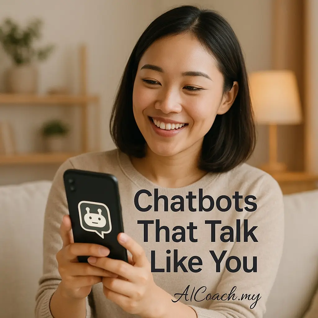 AICoach.my graphic reading 'Chatbots That Talk Like You', showing a woman smiling at her phone with a chatbot icon on screen