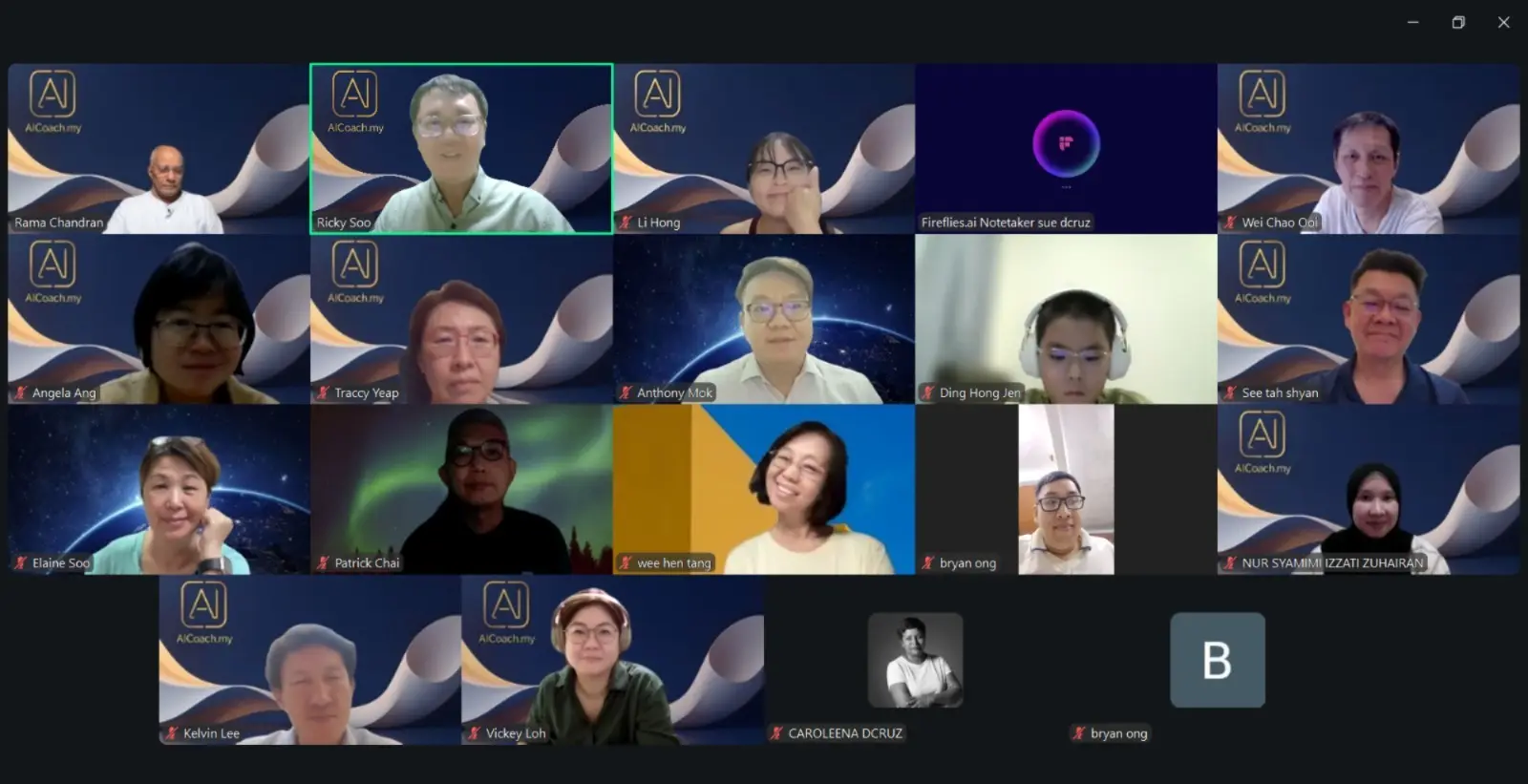 Zoom grid of participants at the first session of the AICoach.my Claude AI Program, 1 July 2026