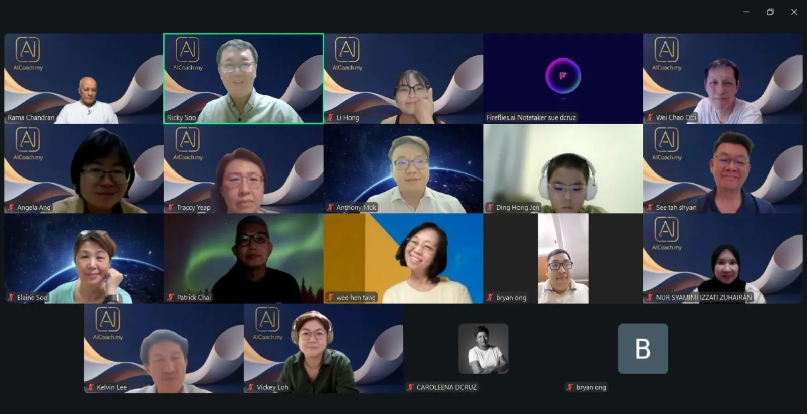 Zoom grid of participants at the first session of the AICoach.my Claude AI Program, 1 July 2026