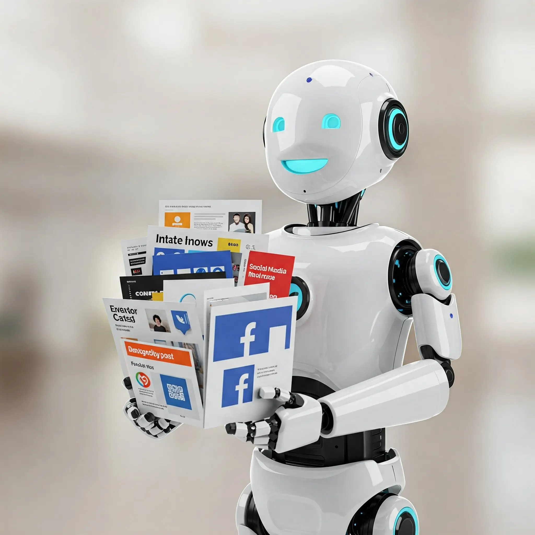 Illustration of a white robot holding a fan of printed social media posts and articles