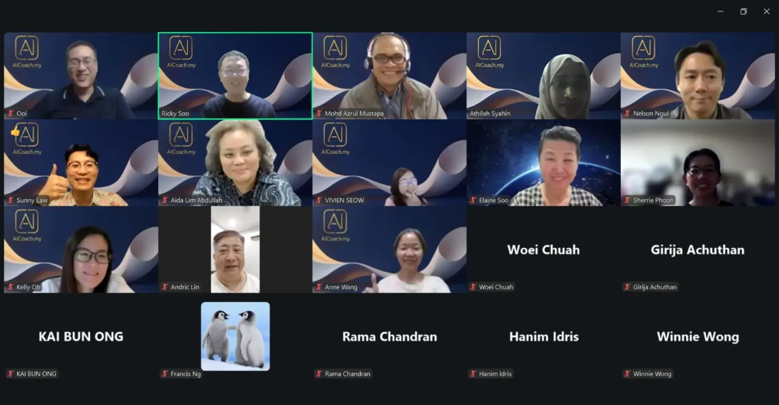 Zoom grid of AICoach.my learners and mentor Ricky Soo at a Demo Day project showcase, 18 June 2026