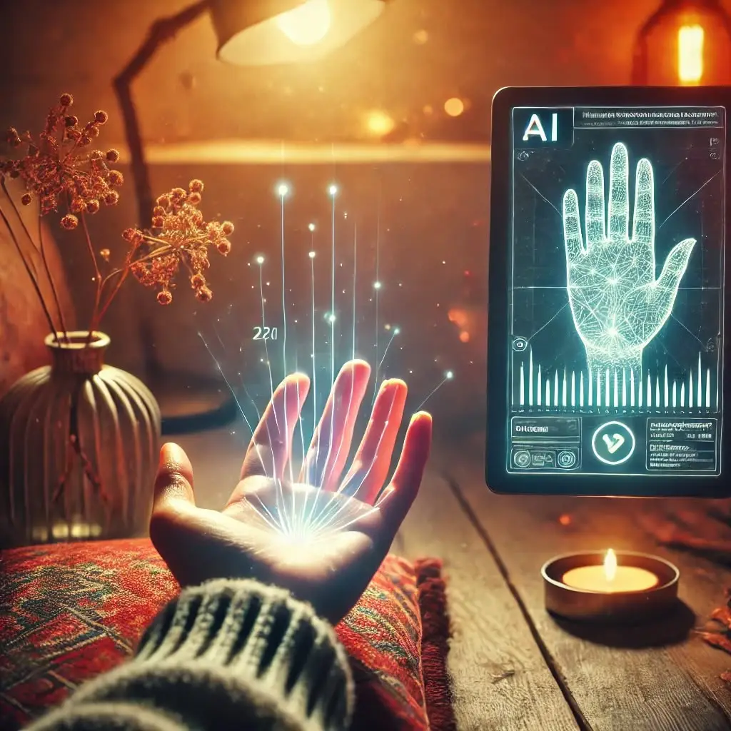 Illustration of an open palm being scanned, with a tablet beside it showing a glowing hand analysis screen