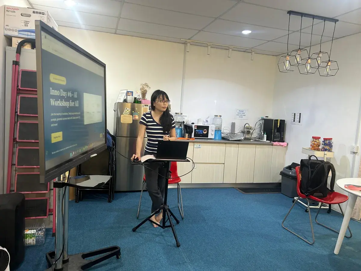 Koh Li Hong opening Inno Day #6 with the AI Workshop for All welcome screen