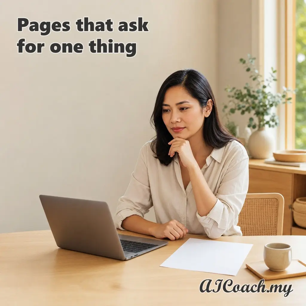 AICoach.my graphic reading 'Pages that ask for one thing', showing a woman considering a page on her laptop