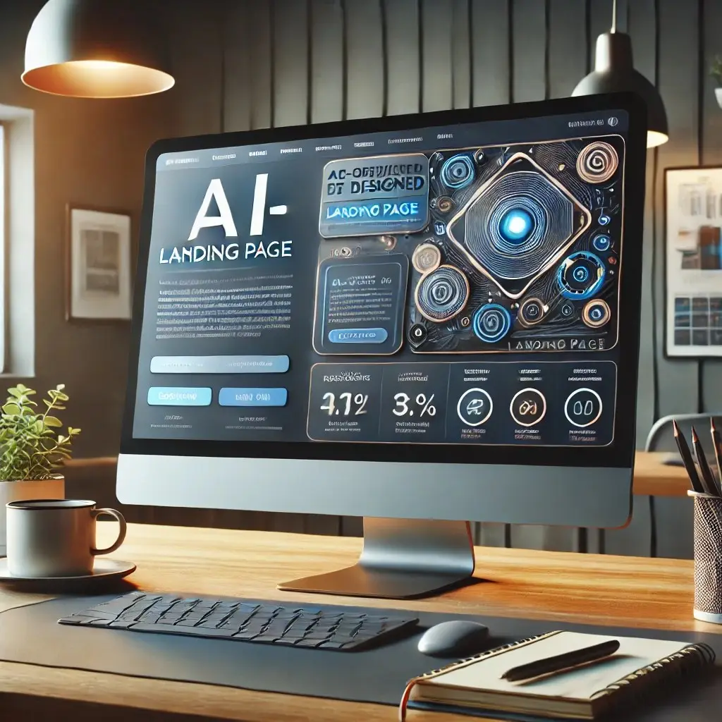 Illustration of a desktop computer on a wooden desk displaying an AI-generated landing page design