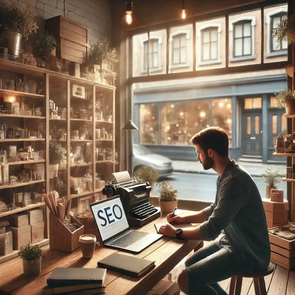 Illustration of a man working on a laptop displaying the word SEO in a warm shopfront workspace