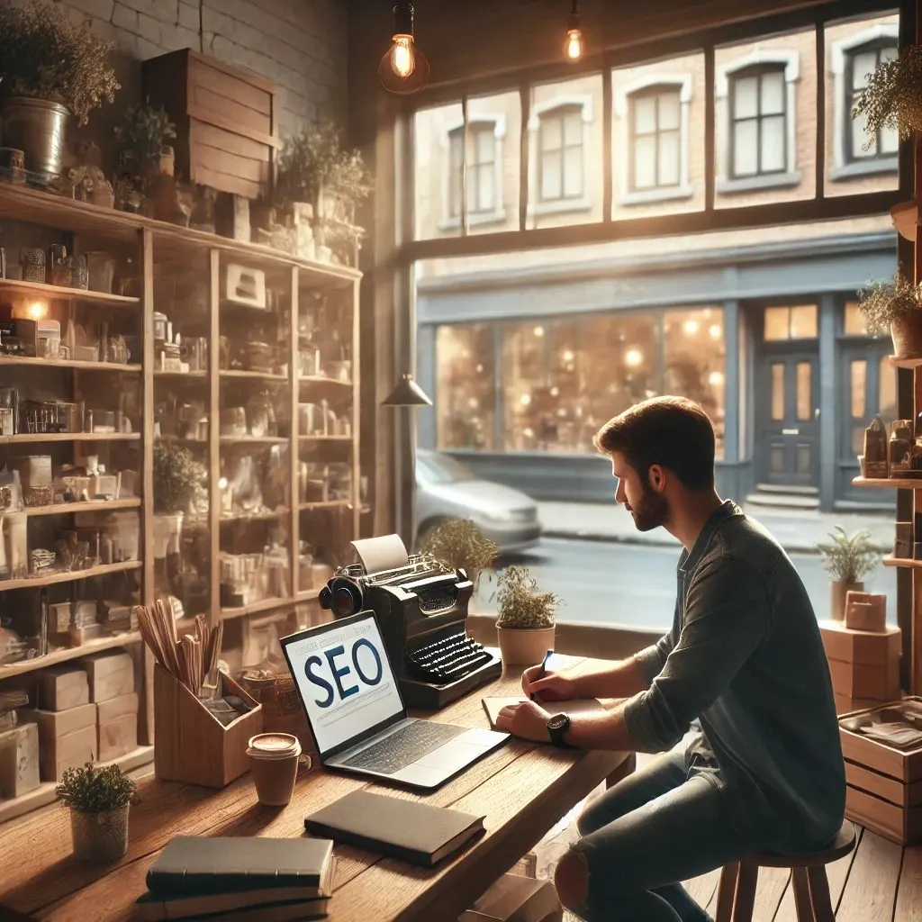 Illustration of a man working on a laptop displaying the word SEO in a warm shopfront workspace