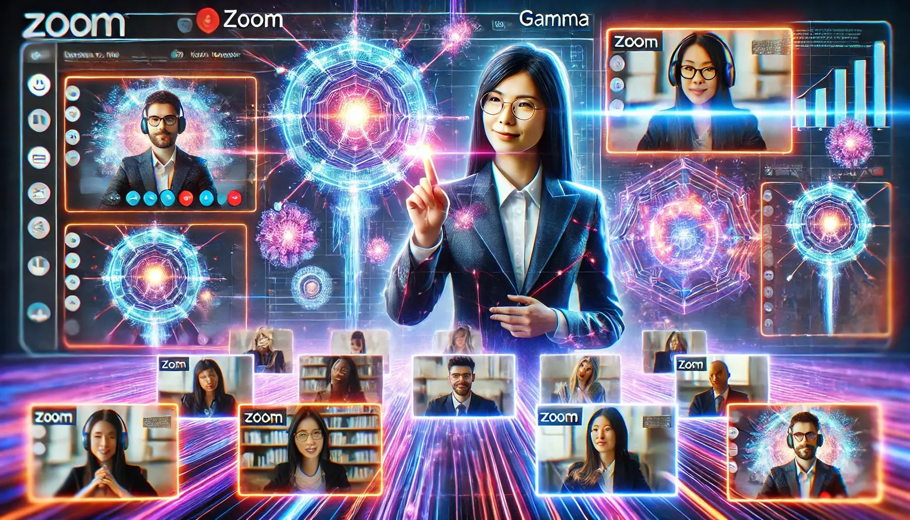 Illustration of an online presentation session with video call windows and the word Gamma on screen