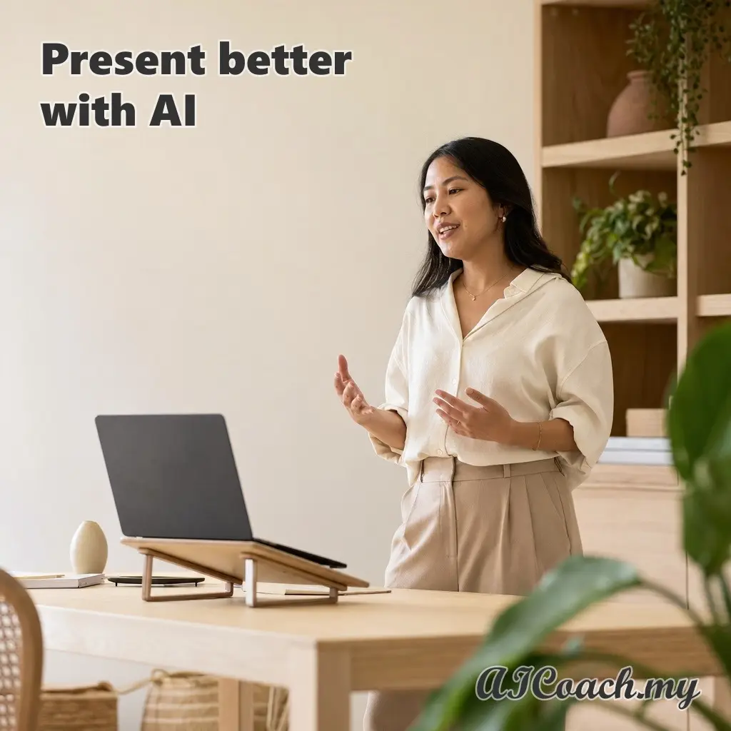 AICoach.my graphic reading 'Present better with AI', showing a woman standing at a desk rehearsing a talk to a laptop