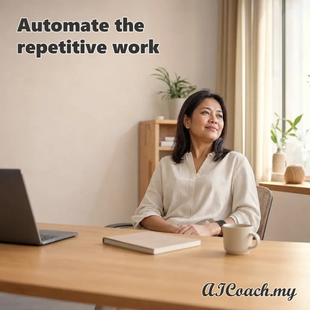 AICoach.my graphic reading 'Automate the repetitive work', showing a woman sitting back from a tidy desk