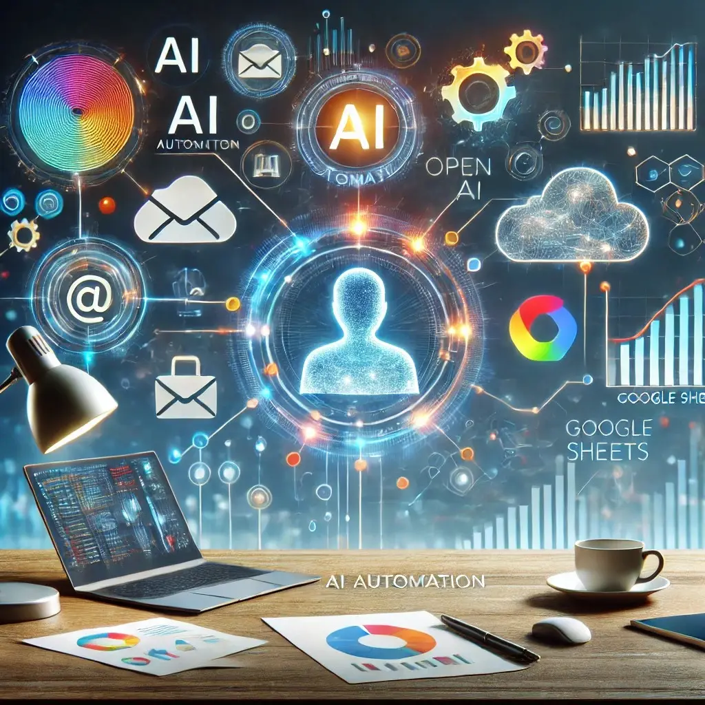 Illustration of an AI automation concept with connected icons for email, cloud storage and Google Sheets above a laptop