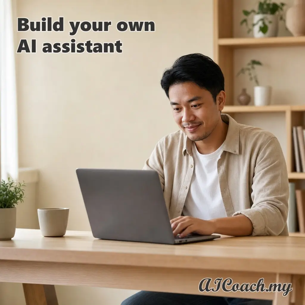 AICoach.my graphic reading 'Build your own AI assistant', showing a man working at a laptop in a warm home office