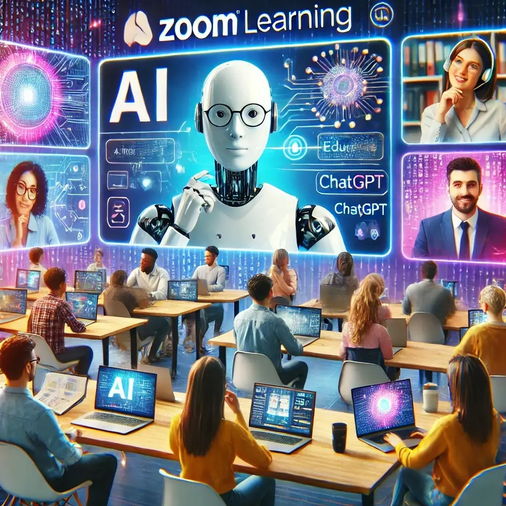 Illustration of an online learning session with a robot figure on a large screen and participants at laptops