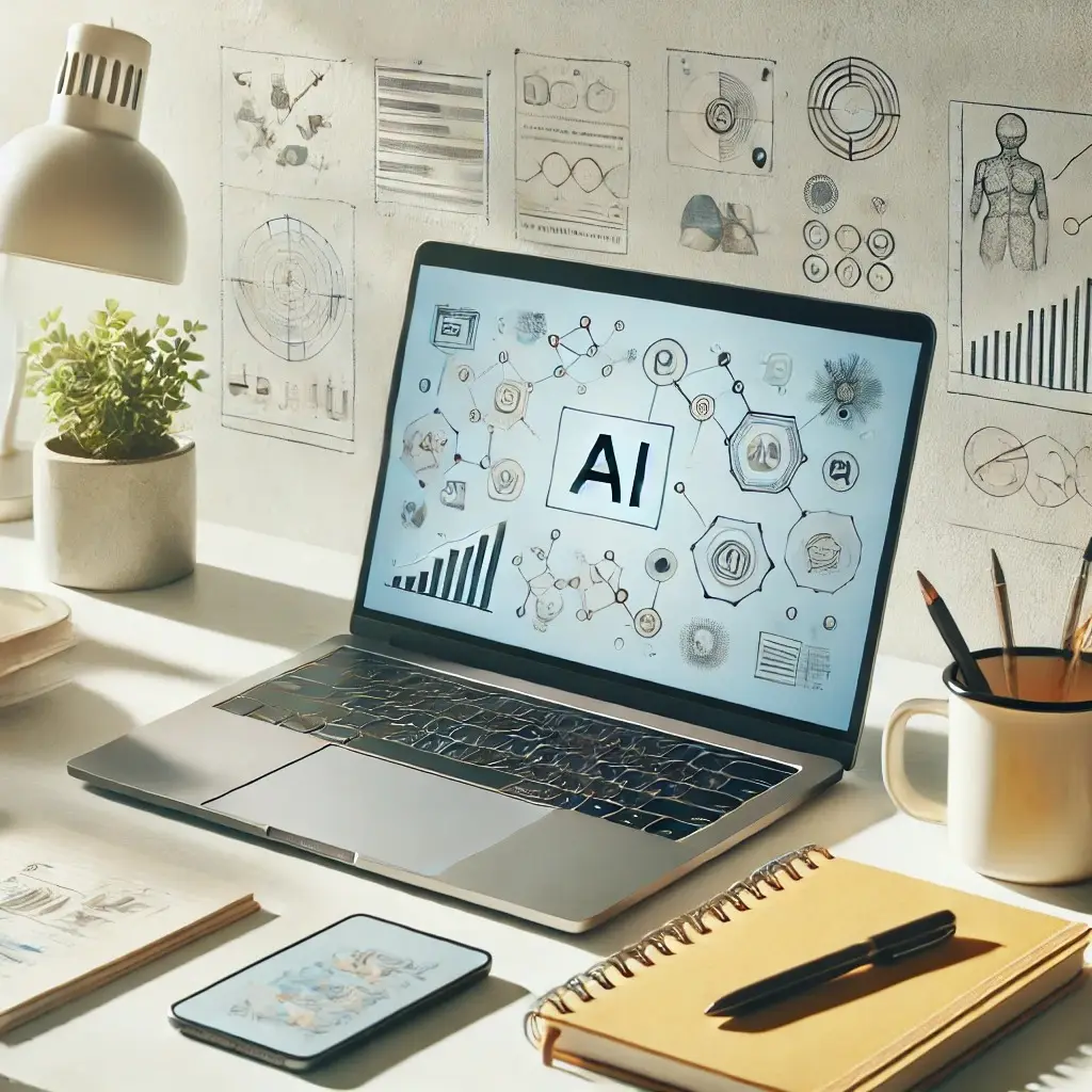 Illustration of a laptop on a desk showing an AI concept diagram, with sketches pinned to the wall behind