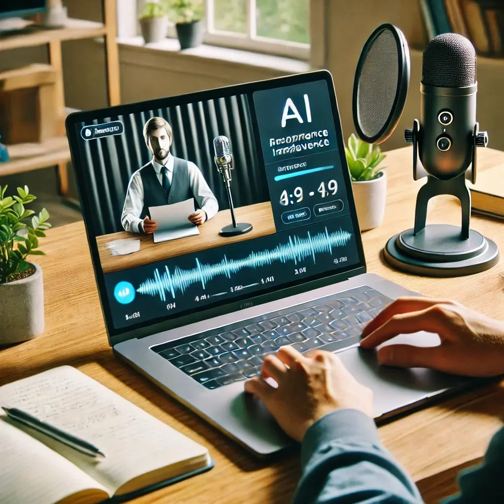 Illustration of a person at a laptop reviewing speech analysis with a studio microphone beside them