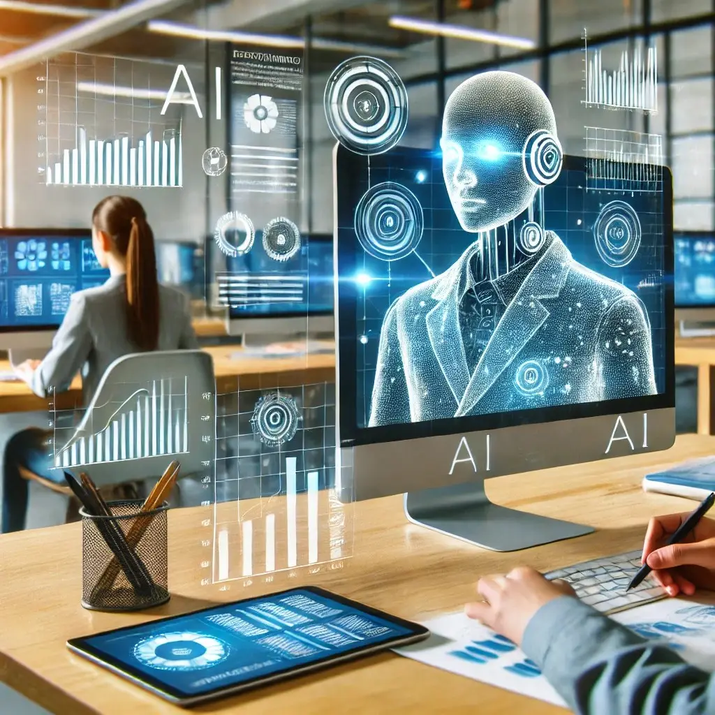 Illustration of an office desk with a monitor showing an AI figure surrounded by floating charts and data panels