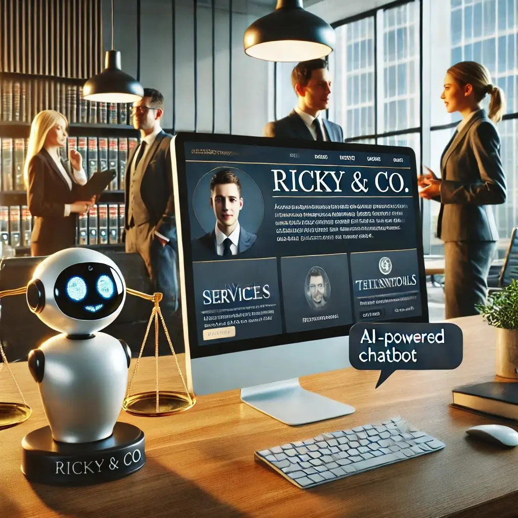 Illustration of a law office with a monitor showing the Ricky and Co website and a small robot on the desk beside it