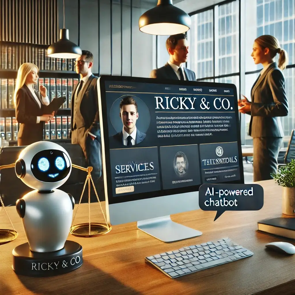Illustration of a law office with a monitor showing the Ricky and Co website and a small robot on the desk beside it