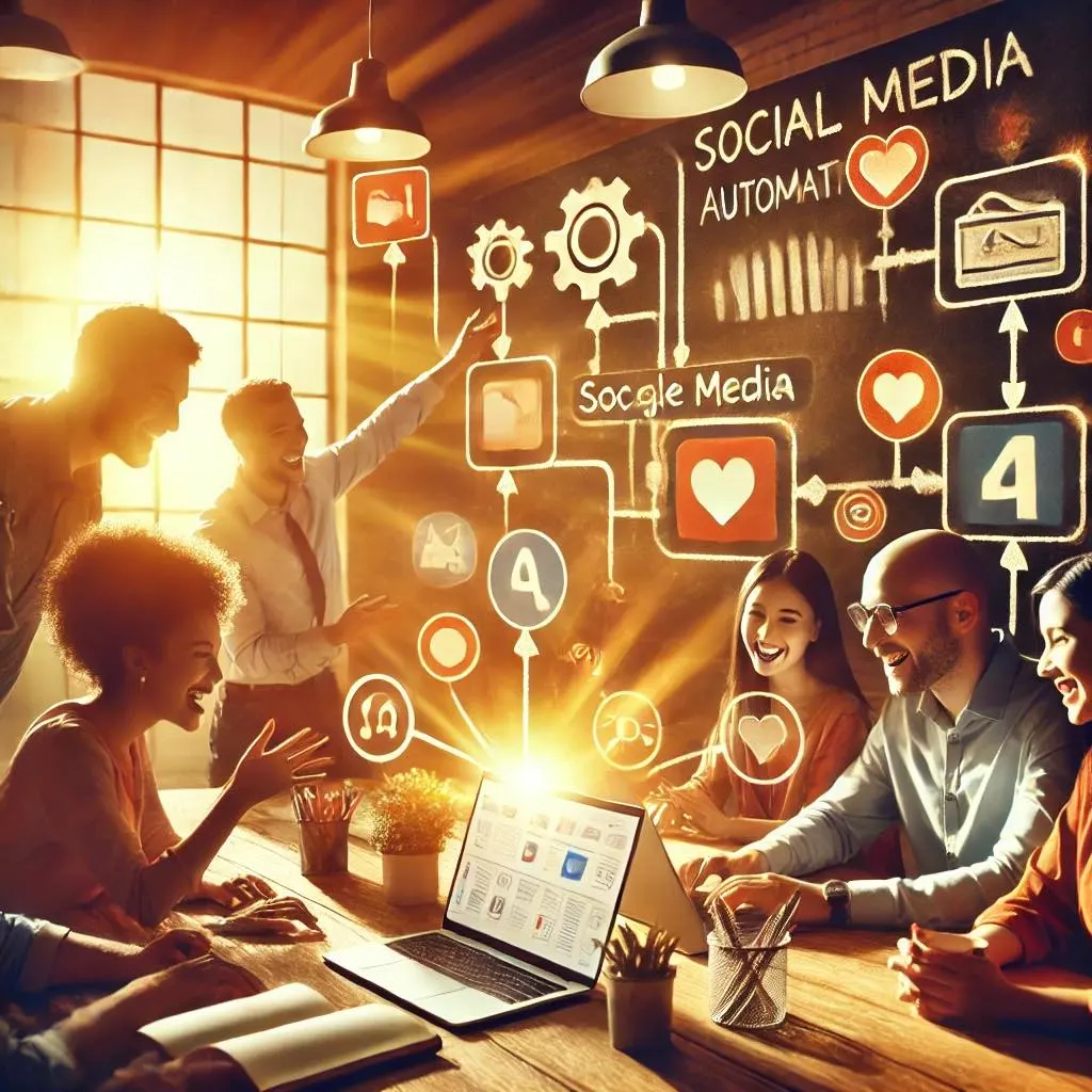 Illustration of a team gathered around a laptop with a social media automation diagram drawn on the wall behind them