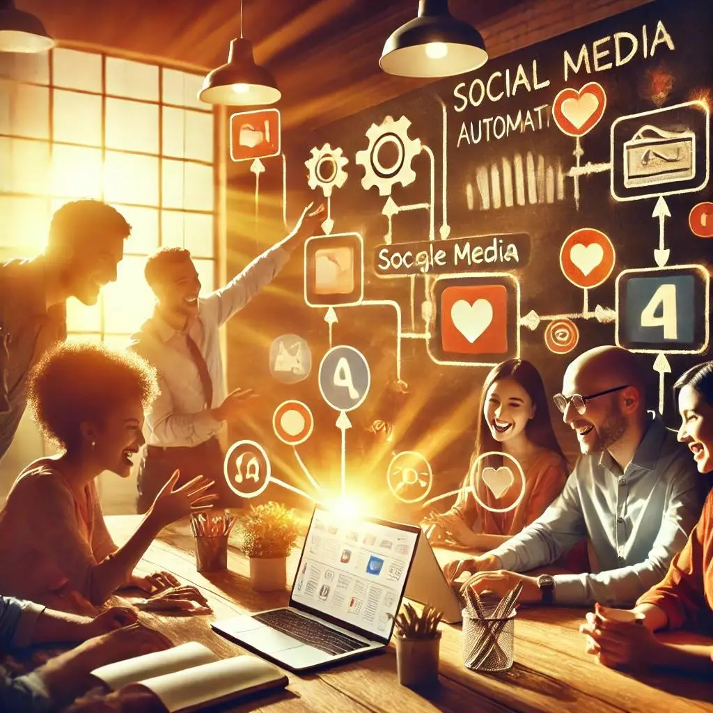 Illustration of a team gathered around a laptop with a social media automation diagram drawn on the wall behind them