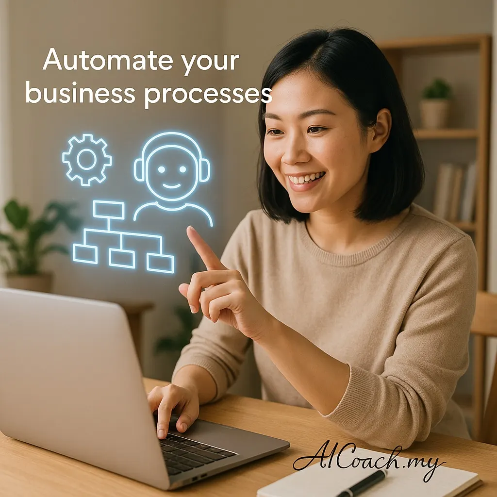 AICoach.my graphic reading 'Automate your business processes', showing a woman at a laptop with a glowing workflow diagram