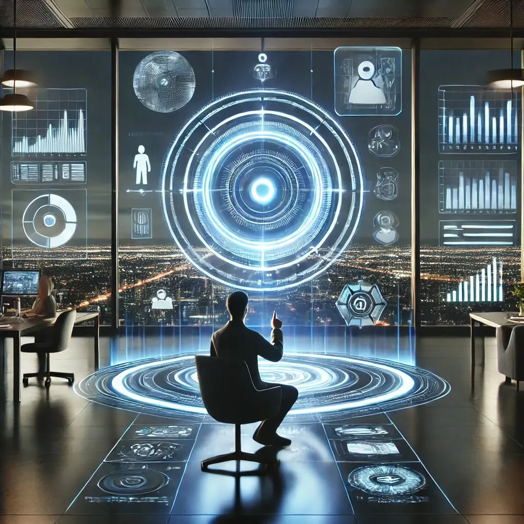 Illustration of a person seated before a large glowing holographic interface in a dark office at night