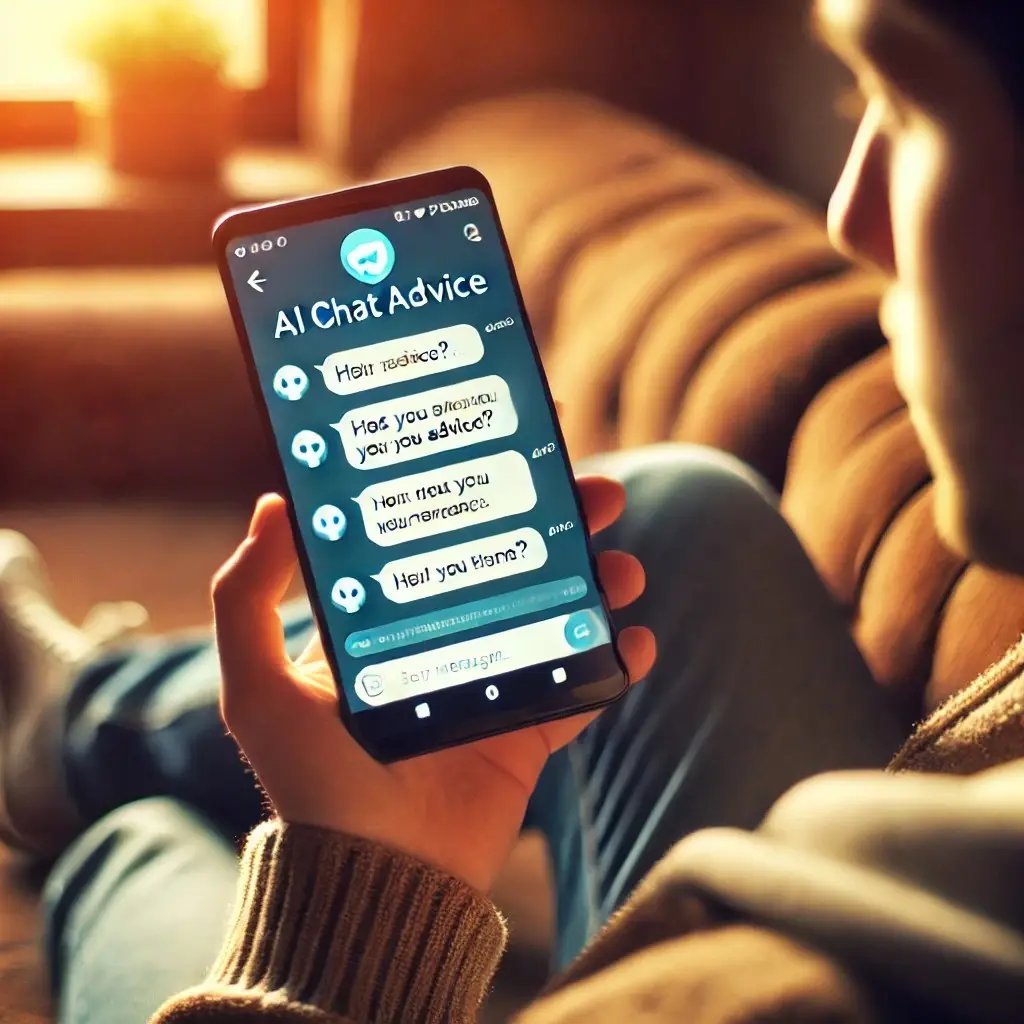 Illustration of a person sitting on a sofa reading an AI chat conversation on their phone