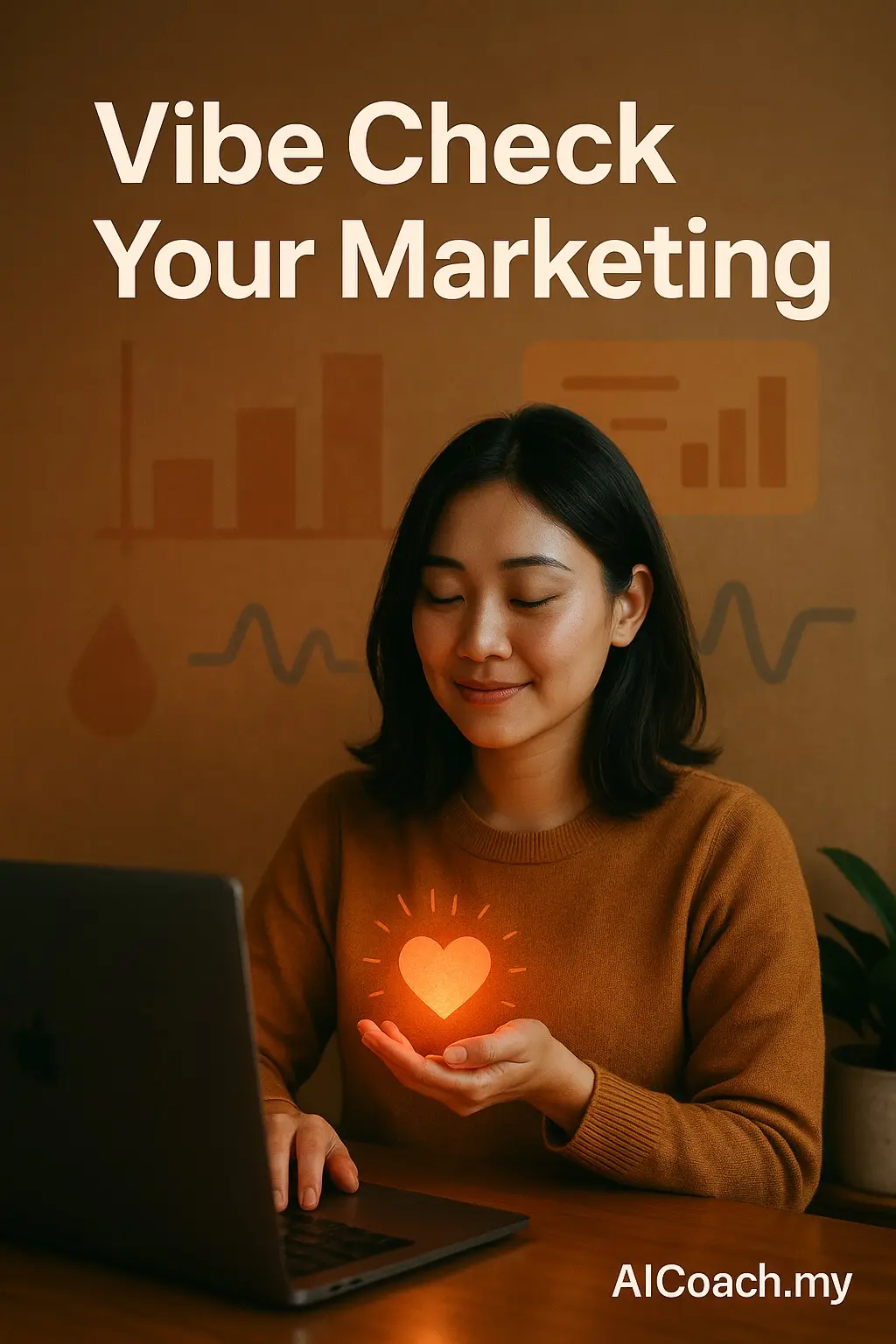 AICoach.my graphic reading Vibe Check Your Marketing, showing a woman at a laptop holding a glowing heart