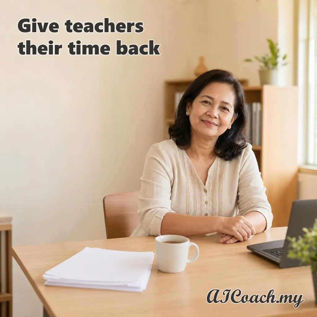 AICoach.my graphic reading 'Give teachers their time back', showing a teacher at her desk with marking set aside