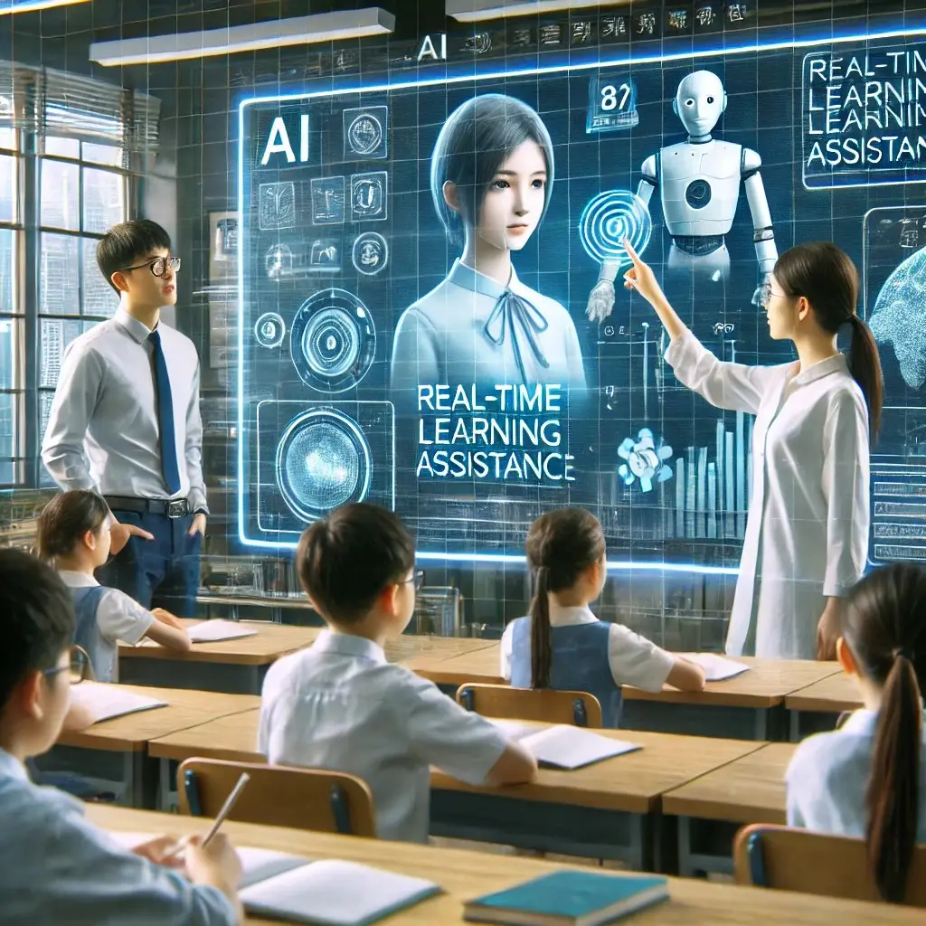 Illustration of a classroom where a teacher points at a large interactive display while students watch from their desks