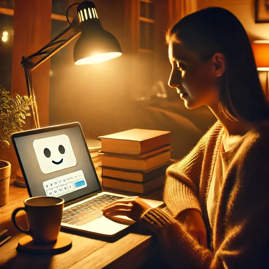 Illustration of a woman at a laptop in a warmly lit room, with a friendly face displayed on the screen