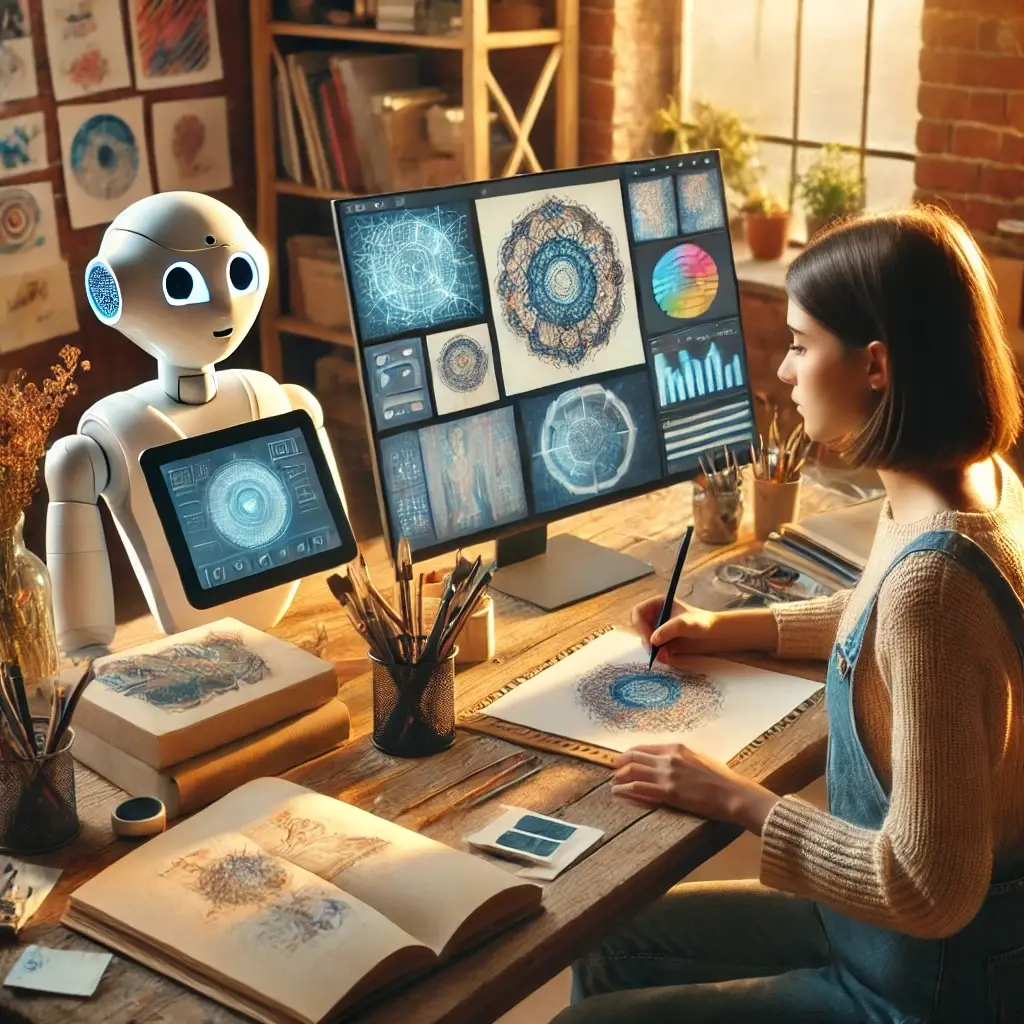 Illustration of a woman drawing at a desk beside a small robot, with generated artwork displayed on a monitor behind them