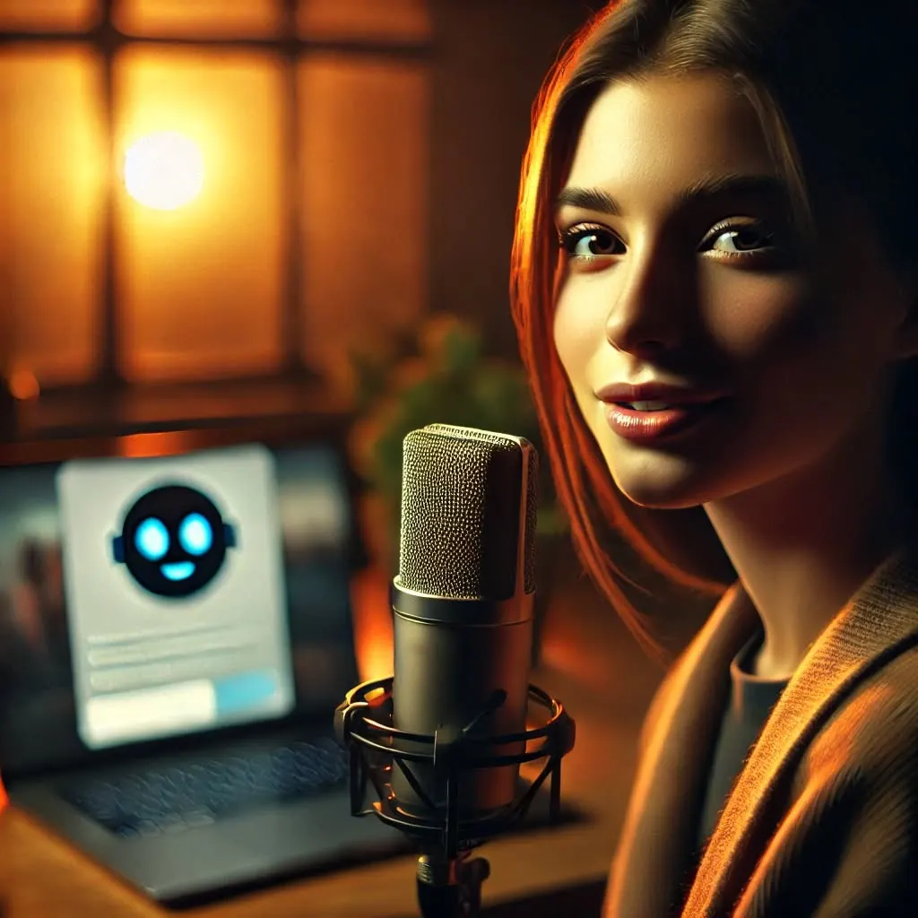 Illustration of a woman beside a studio microphone with a laptop showing a chatbot face in the background