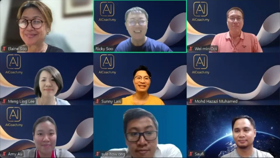 Zoom grid of Ricky Soo and participants in a live online AICoach.my class
