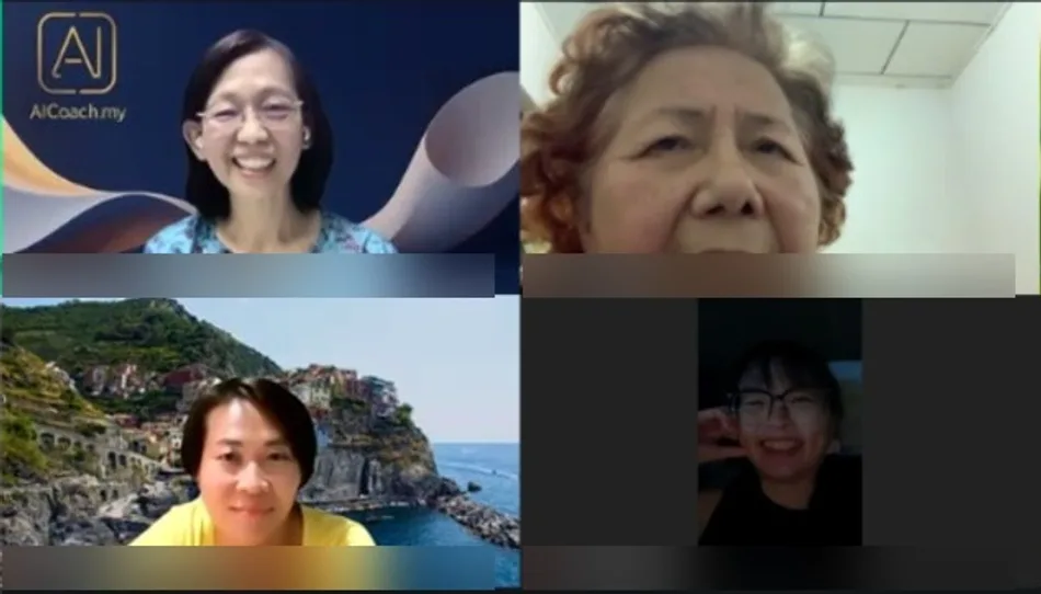 Participants smiling on camera during an online AICoach.my Project Showcase